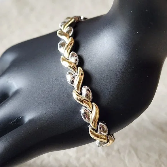 Tennis Link Bracelet Silver Gold Two Tone Hearts Mid Century Modernist 7" Gift - Picture 9 of 9